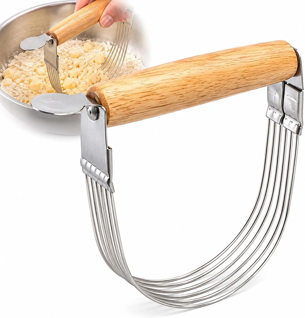 A stainless steel pastry cutter with a wood handle